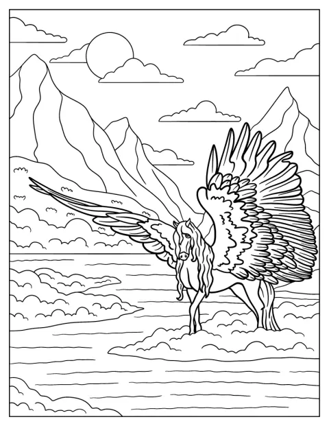 Ein Pegasus steht am Ufer eines Flusses.