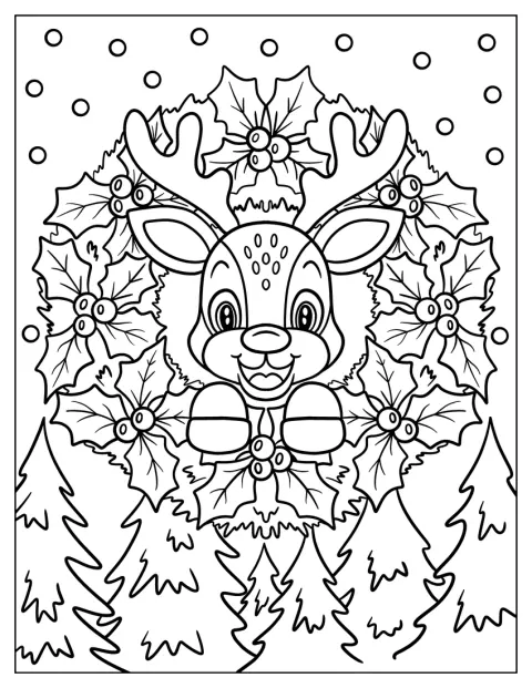 Puiul de ren Rudolph stă în mijlocul unei coronițe festive.