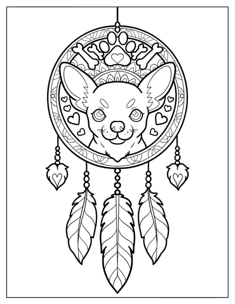 En chihuahua er indrammet af en drømmefanger med søde fjer.