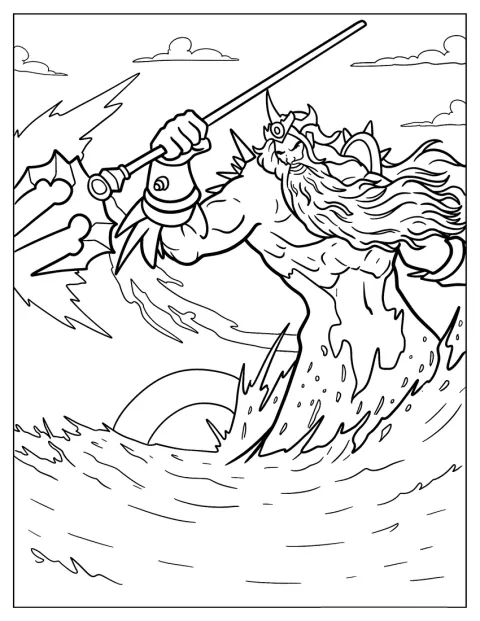 Der zornige Poseidon hebt seinen Dreizack über dem Meer.