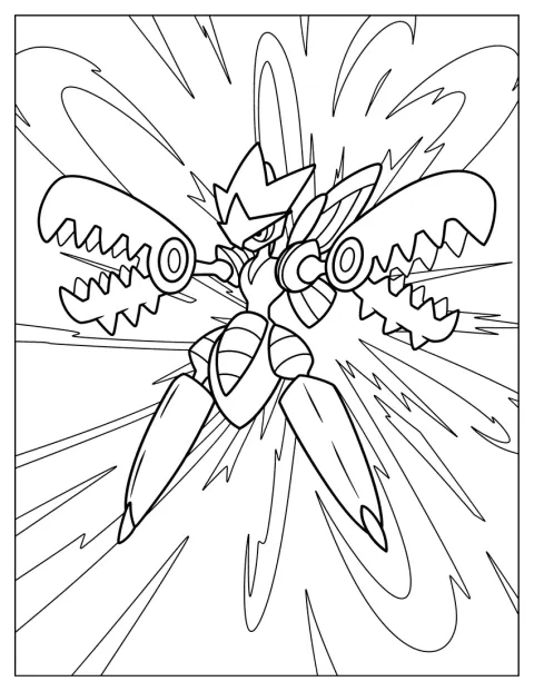 Mega Scizor erőteljes támadásra készül, miközben szétterpeszti ollós karjait.