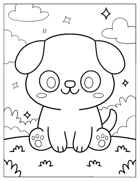Un chiot de dessin animé au style kawaii est assis dans l’herbe.