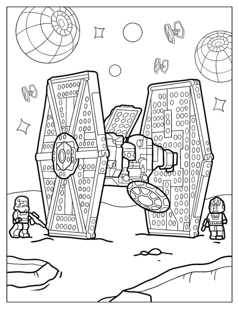 Um caça TIE Imperial LEGO é visto de frente.