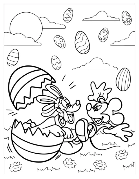 Pluto kommt aus einem Osterei hervor, um Micky Maus zu überraschen.