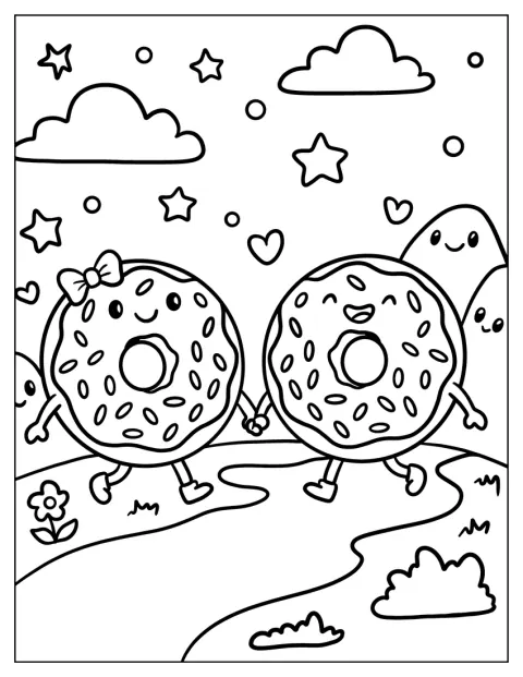 Ein Donut-Pärchen hält Händchen und lächelt sich an.
