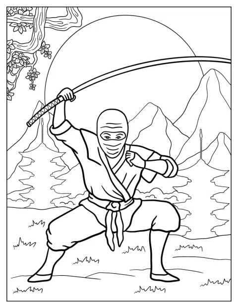 Een felle ninja staat in een bergachtig landschap.