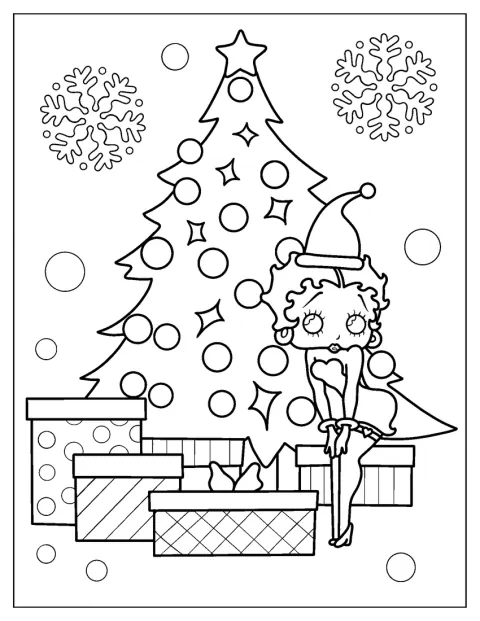 Ao lado de uma árvore de Natal decorada, Betty Boop posa festivamente.