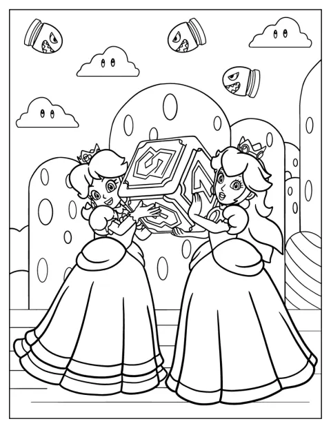 Prinsesse Peach og Prinsesse Daisy bærer en klods sammen.