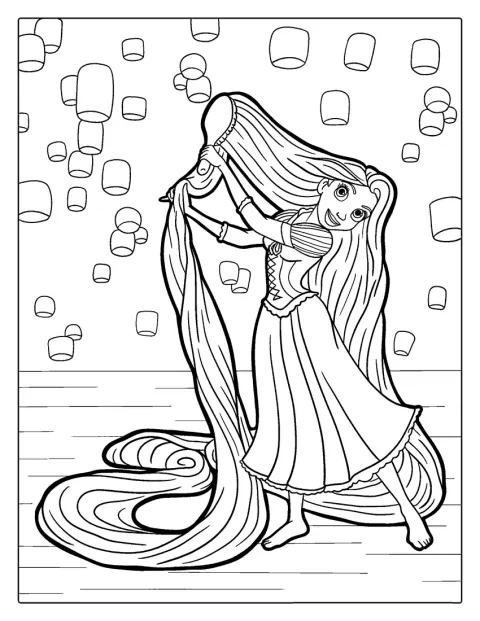 Rapunzel si pettina mentre le lanterne brillano sullo sfondo.