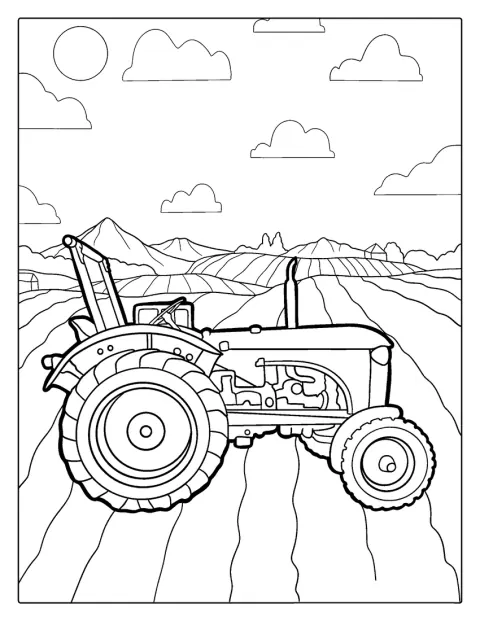 En traktor står på gården blandt landbrugets bygninger.