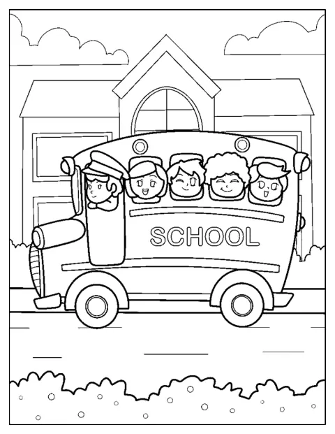 運転手と子どもたちが乗ったスクールバスが描かれています。