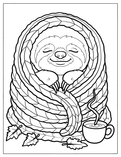 Enrolado numa manta, um bicho-preguiça segura uma chávena de café quente.