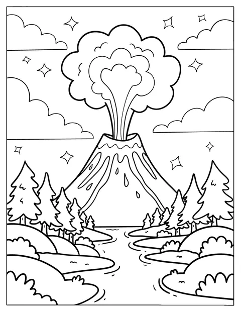 Un vulcano erutta tra pini, sotto un cielo scintillante.