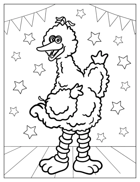Big Bird a színpadon állva integet.