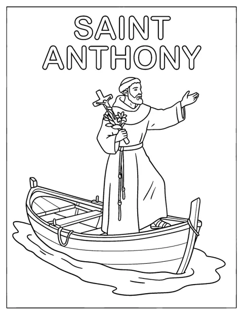 Antonius steht in einem Boot und hält ein Kreuz und Blumen.