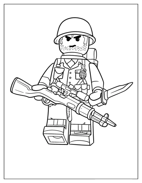Um soldado LEGO zangado segura uma arma e um punhal.