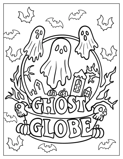 Ghost Coloring Page Globe With Bats And Skulls