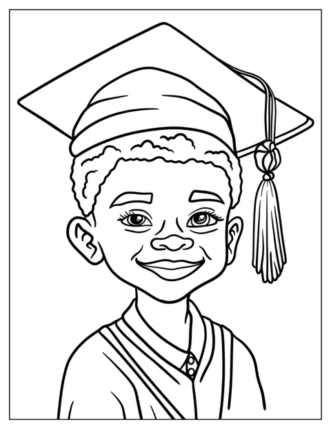 Ein Schwarzer Junge trägt ein Abschlussgewand und eine Graduierungskappe.