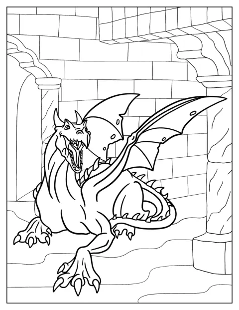 Un dragón de aspecto feroz está dentro de una mazmorra.