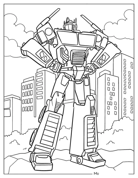 Optimus Prime se află printre clădirile orașului, în stil de desen animat.