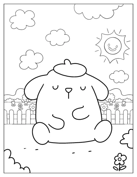 Pompompurin ligt te slapen tussen de planten in een tuin.