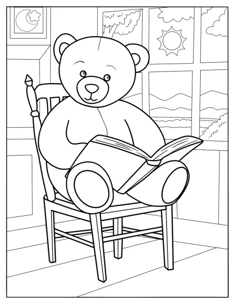 En enkel teddybjørn sitter ved vinduet og leser en bok.
