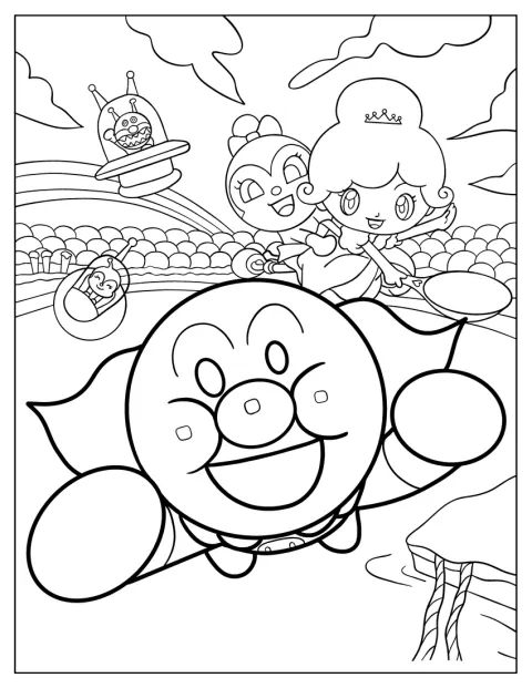 Anpanman står med prinsessan Vanilla, Kokinchan, Dokinchan och Baikinman.