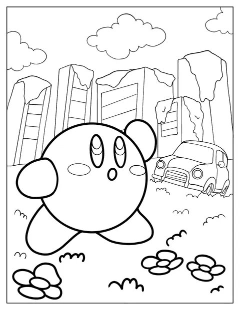 Kirby recorre una ciudad llena de edificios en ruinas.