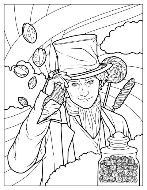 Willy Wonka posa rodeado de caramelos.
