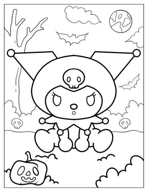 Kuromi poseeraa halloween-teemaisessa asussa.