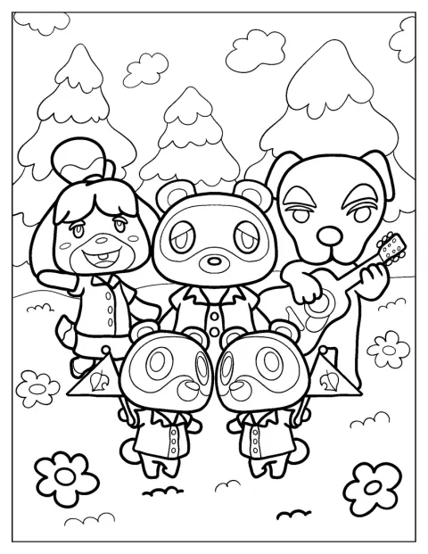 Isabelle, Tom Nook, Tommy, Timmy en K.K. Slider staan samen afgebeeld.