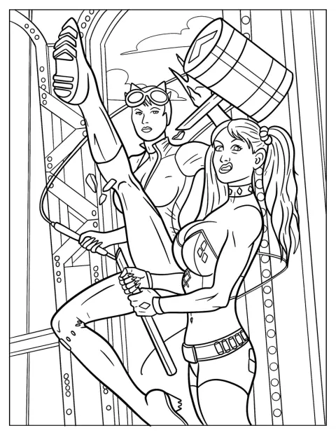 Catwoman e Harley Quinn compaiono insieme in una scena a fumetti.