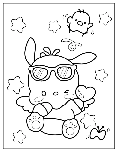 Der geflügelte Pochacco zwinkert und hält ein Herz.