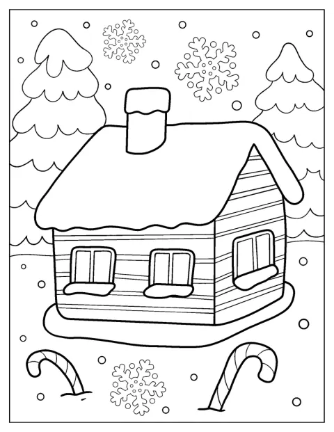 雪に包まれたかわいいコテージが、冬の景色に建っています。