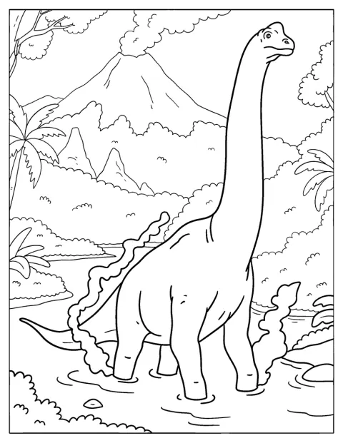 Ein Brachiosaurus watet durch einen Fluss nahe einem Vulkan.