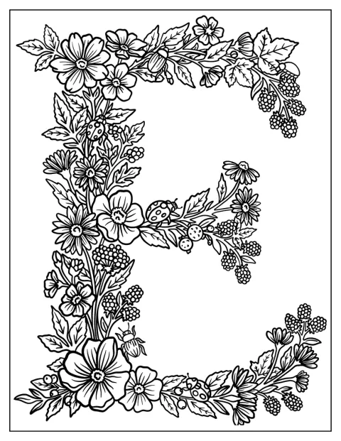 Flores decoran el interior de una letra E mayúscula.