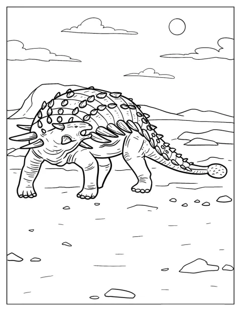 Ein Ankylosaurus läuft über felsiges Gelände.