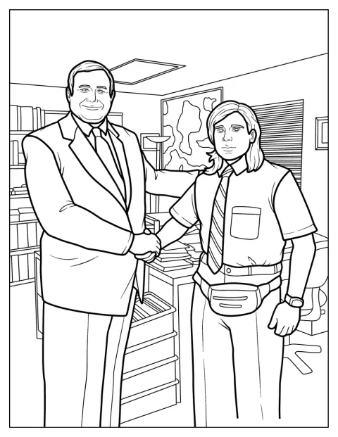 Un capo saluta Michael Scott stringendogli la mano nell’ufficio Dunder Mifflin.