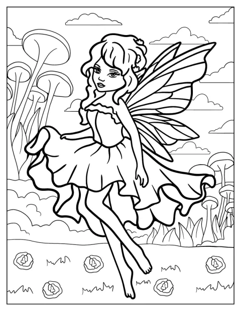 Uma fada elegante salta alegremente entre cogumelos num jardim.