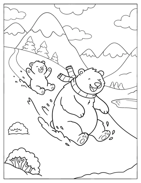 Easy Polar Bear Sliding Down a Snowy Slope with Cub Coloring Sheet for Kids