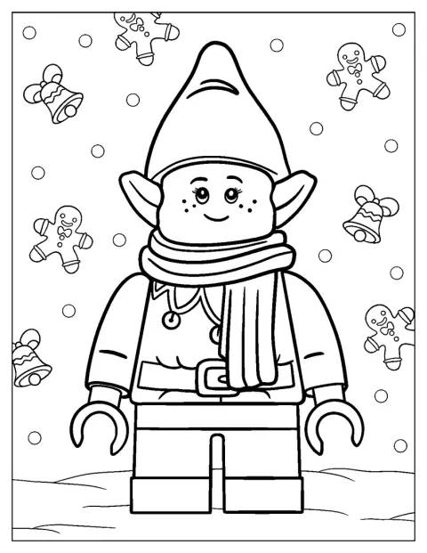 Een LEGO-elf draagt kerstkleding en staat klaar voor de feestdagen.
