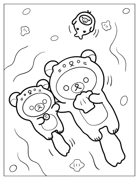 Rilakkuma und Korilakkuma treiben in Otterkostümen mit Kiiroitori auf einem Fluss.
