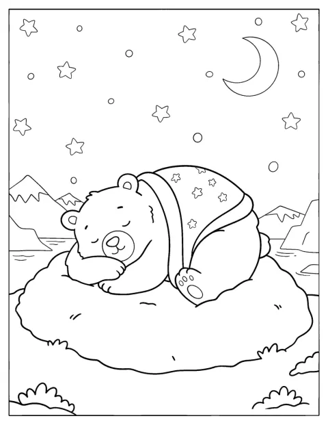 雪景色の中、ホッキョクグマの子が岩の上で眠っています。