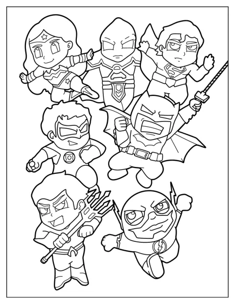 Die Justice-League-Helden sind im niedlichen Kawaii-Stil dargestellt.
