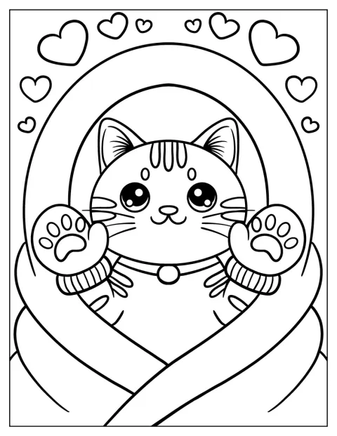 手袋を身につけた、ふんわりかわいい子猫が座っています。