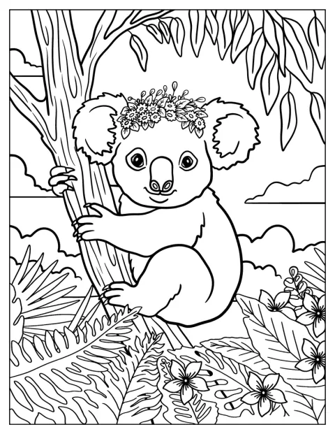 Ein hübscher Koala mit Blumenkranz klammert sich an einen Ast.