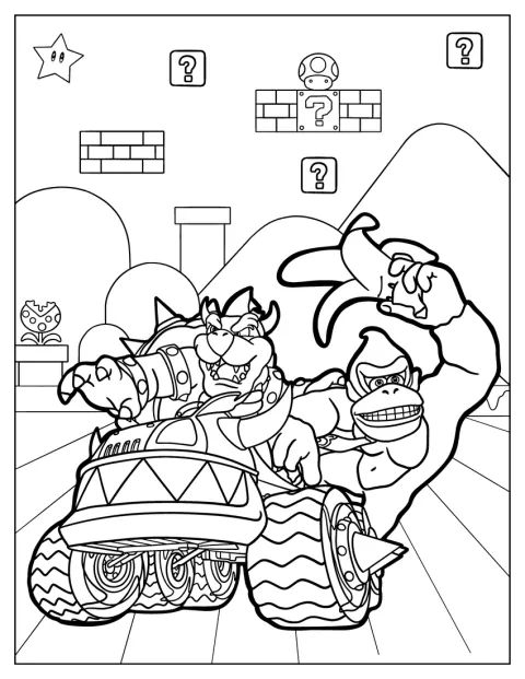 Bowser a Donkey Kong závodí v motokárách Mario Kart.