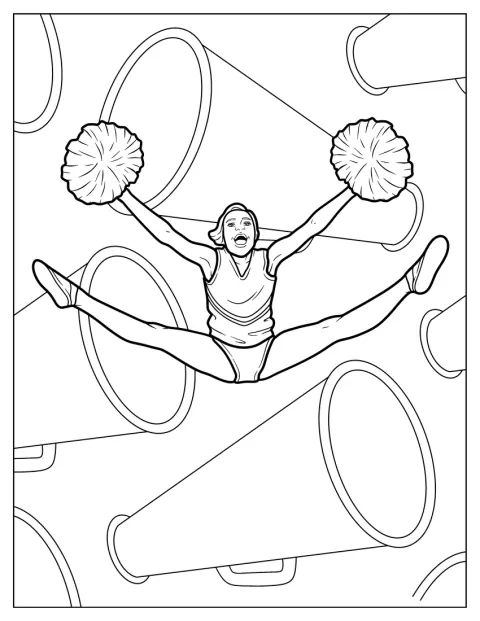 Una cheerleader esegue un salto con le gambe divaricate.