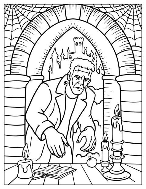 Frankenstein steht in einer Spukburg voller Kerzen und Spinnweben.
