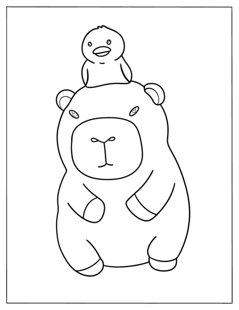 かわいいカピバラが、頭の上にりんごをひとつのせています。